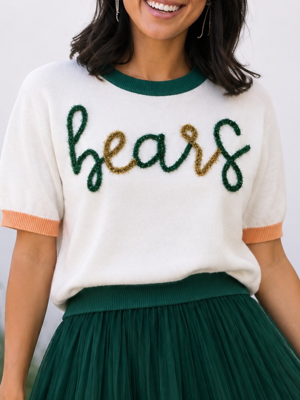QUEEN OF SPARKLES Baylor Bears Short Sleeve Sweater Cream/ Green / Gold Size L